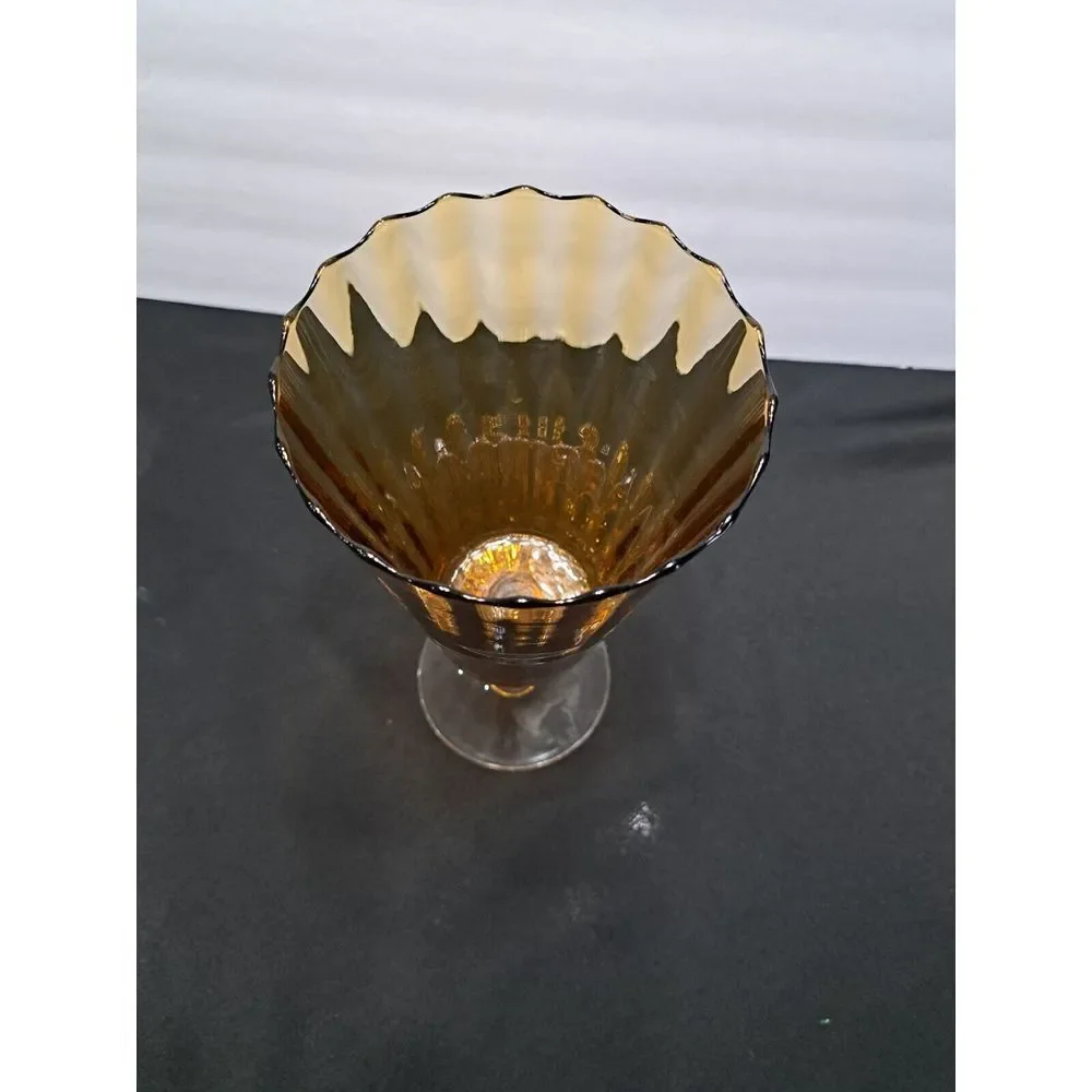 Vintage Amber Art Glass Large Paneled Flower Vase Twisted‎ Stem Scalloped